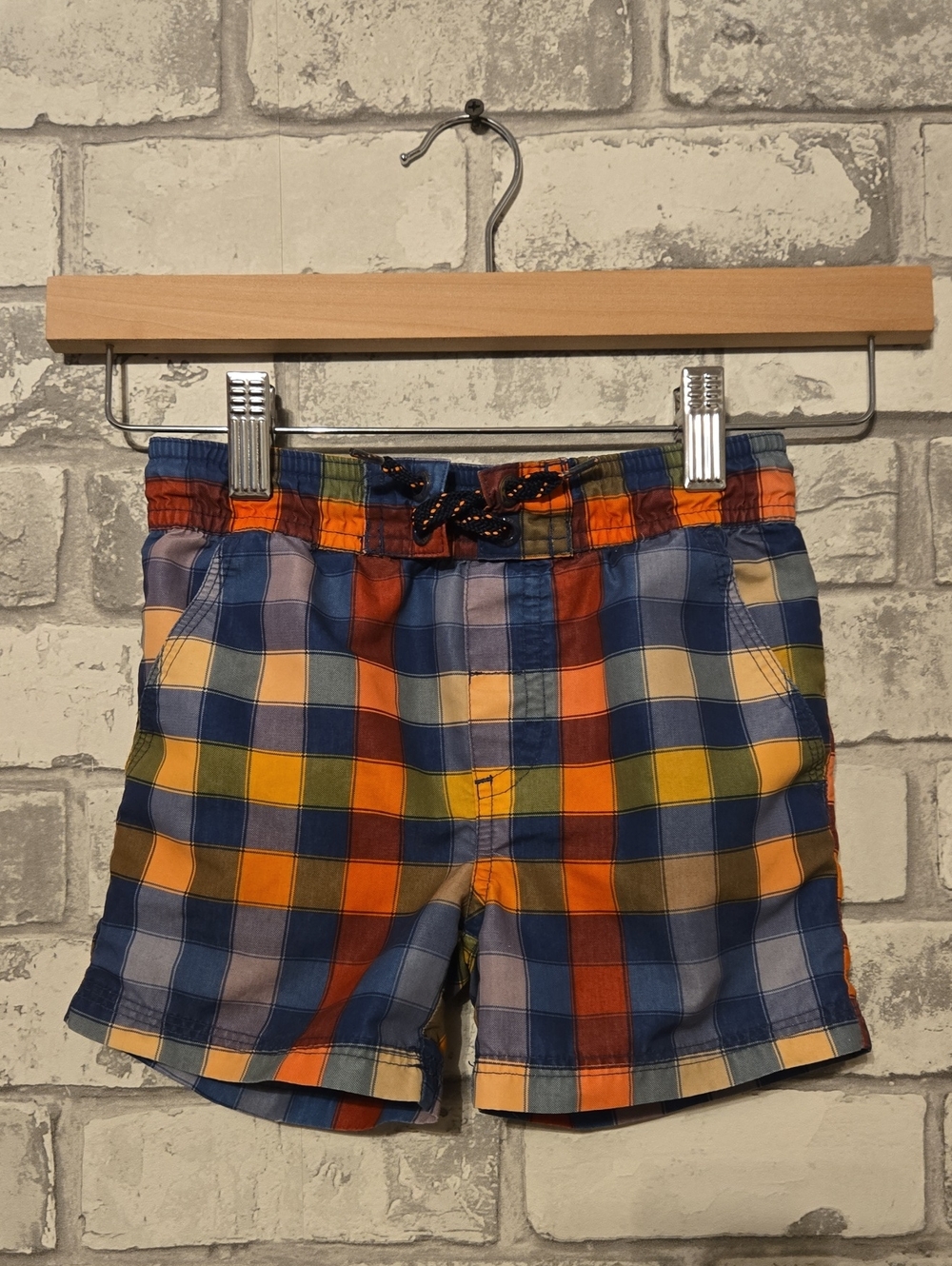 Mexx Boys Plaid Swim Trunks in Blue, Orange, Yellow and Cream
